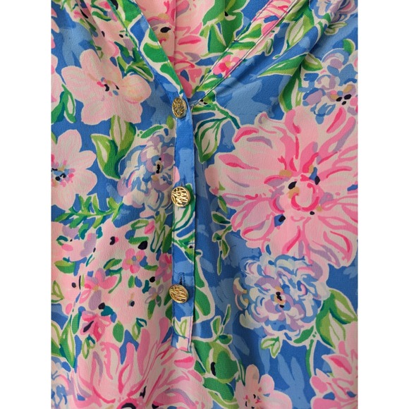 Lilly Pulitzer Elsa Silk Top Floral Silk Pink Blue Smocked Tunic Blouse Size XL - Picture 2 of 9